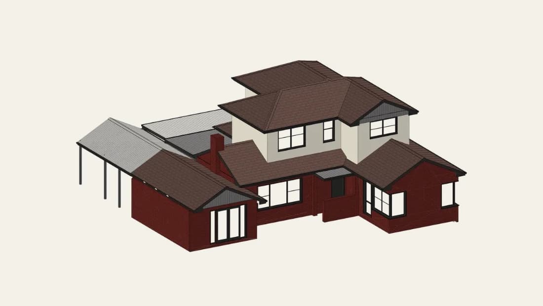 SilverPoint's 3D design model of the Sandringham home: the original red-brick house with tiled hip roofs, and the new rendered first floor set above the centre of it.
