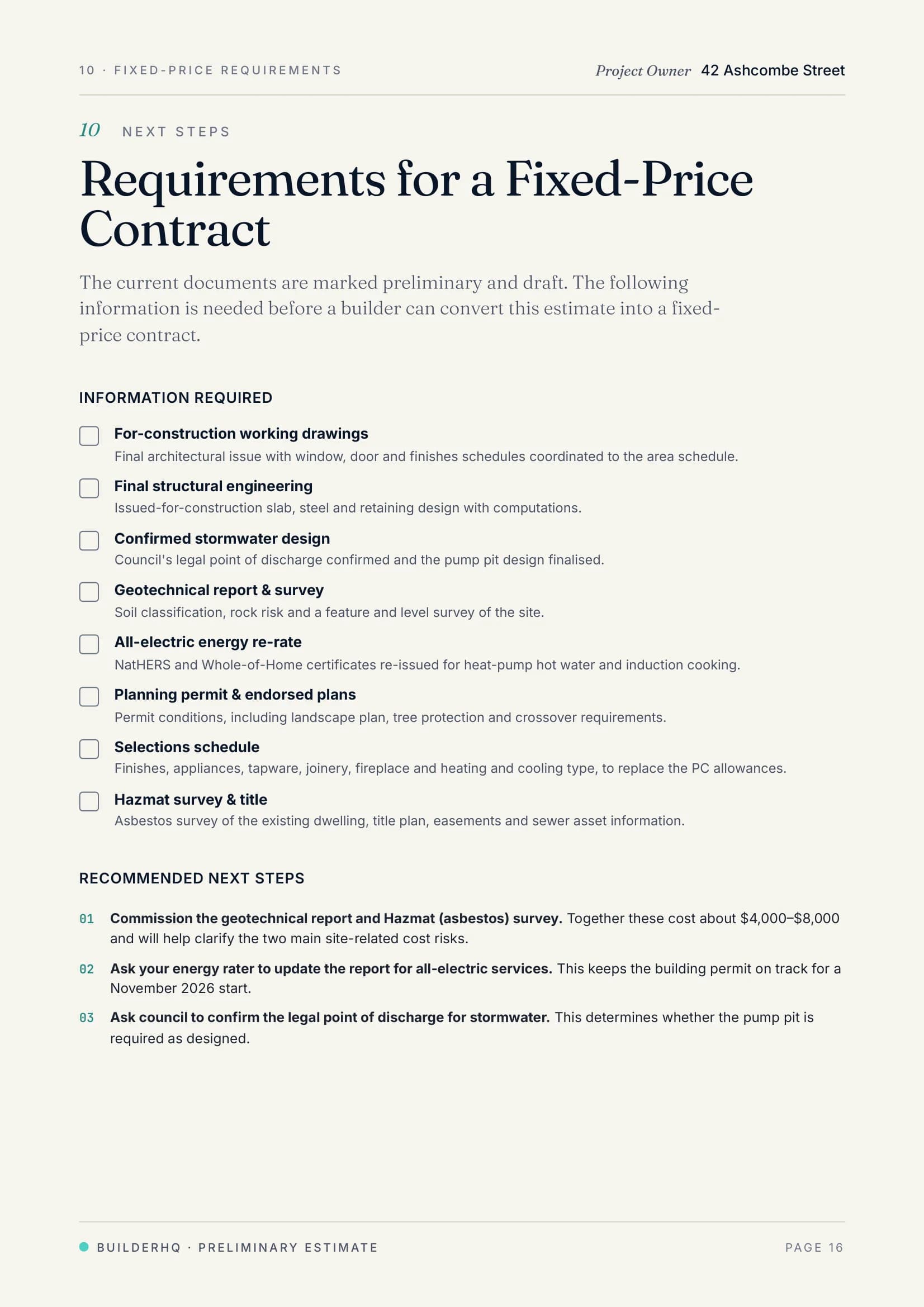 Page 16 of the sample cost estimate, Requirements for a Fixed-Price Contract: the information a builder needs to confirm a fixed price.