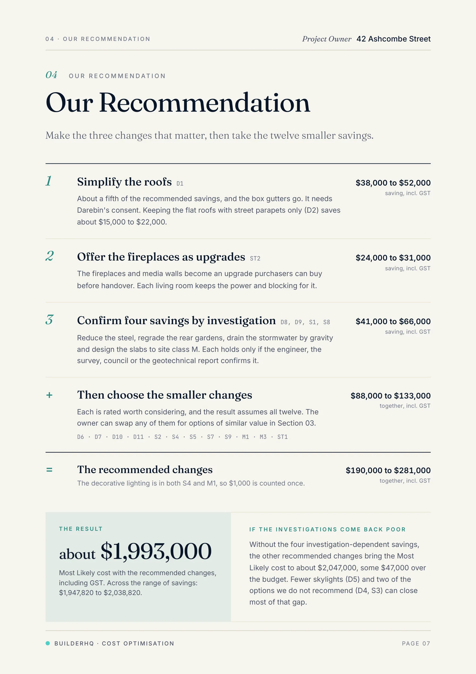 Page 7 of the sample cost optimisation, Our Recommendation: the changes in order, with the fallback if the investigations come back poor.