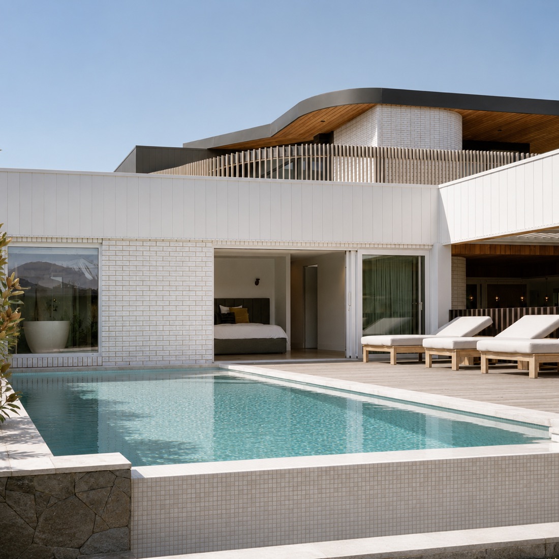 Curved roof house, House and pool